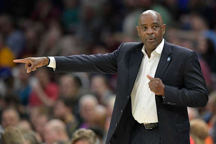 Cleveland Cavaliers head coach Larry Drew reacts in the second quarter against the San Antonio Spurs at Quicken Loans Arena.